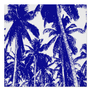 Tropical Palm Trees in Blue and White Poster