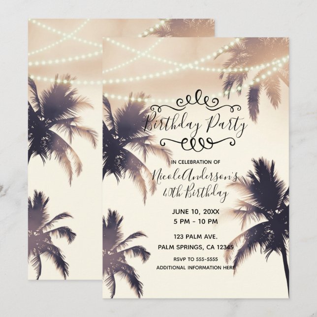 Tropical Palm Trees & Lights Cream Birthday Party Invitation (Front/Back)