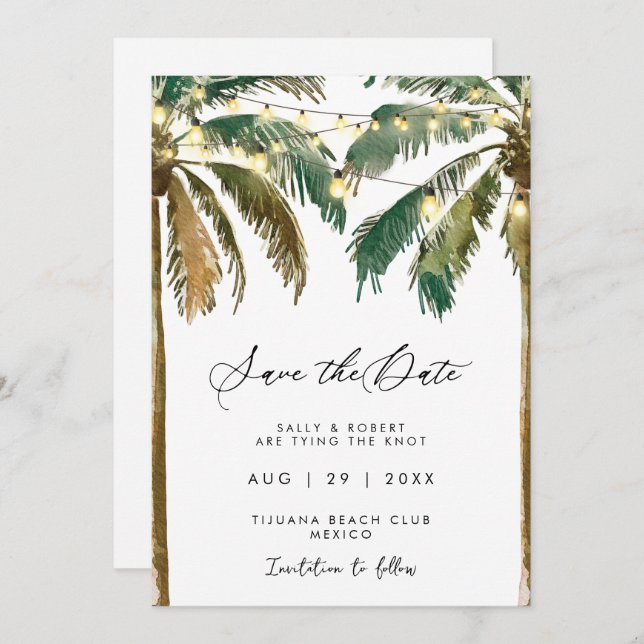 tropical palm trees lights save the date card (Front/Back)
