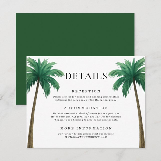 Tropical Palm Trees Minimal Beach Wedding Details Enclosure Card (Front/Back)