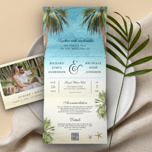 Tropical Palm Trees Modern Beach QR Code Wedding Tri-Fold Invitation