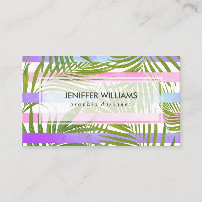 Tropical palm trees modern pink violet stripes     business card (Front)