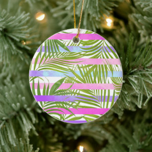 Tropical palm trees modern pink violet stripes ceramic ornament