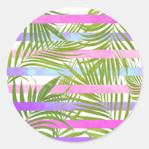 Tropical palm trees modern pink violet stripes classic round sticker