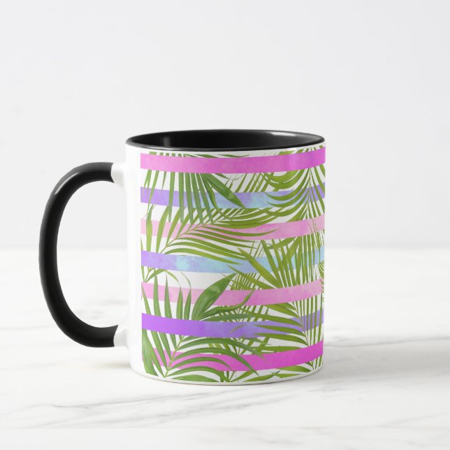 Tropical palm trees modern pink violet stripes mug (Left)