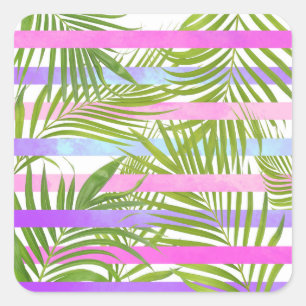 Tropical palm trees modern pink violet stripes square sticker