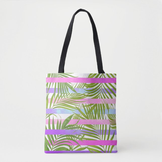 Tropical palm trees modern pink violet stripes tote bag (Front)
