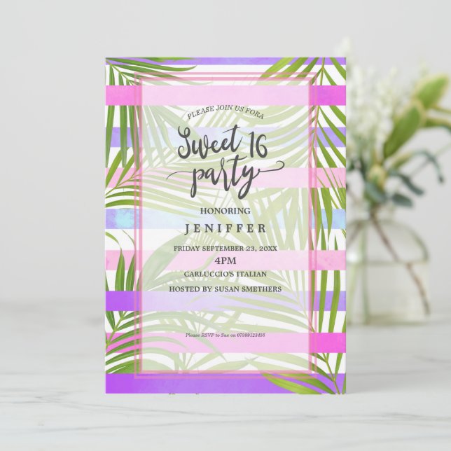 Tropical palm trees modern pink violet sweet 16 invitation (Standing Front)