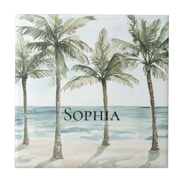 Tropical Palm Trees Ocean Beach Ceramic Tile (Front)