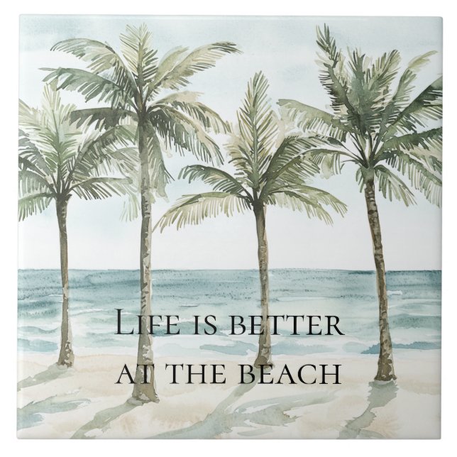 Tropical Palm Trees Ocean Beach  Ceramic Tile (Front)