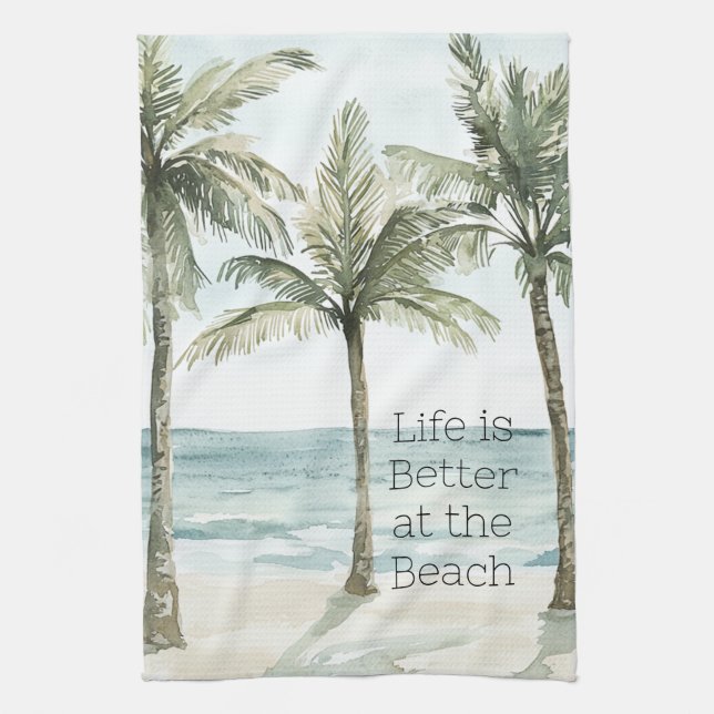 Tropical Palm Trees Ocean Beach Tea Towel (Vertical)