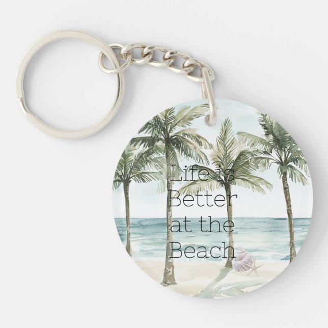 Tropical Palm Trees Ocean Beach Wedding Key Ring (Front)