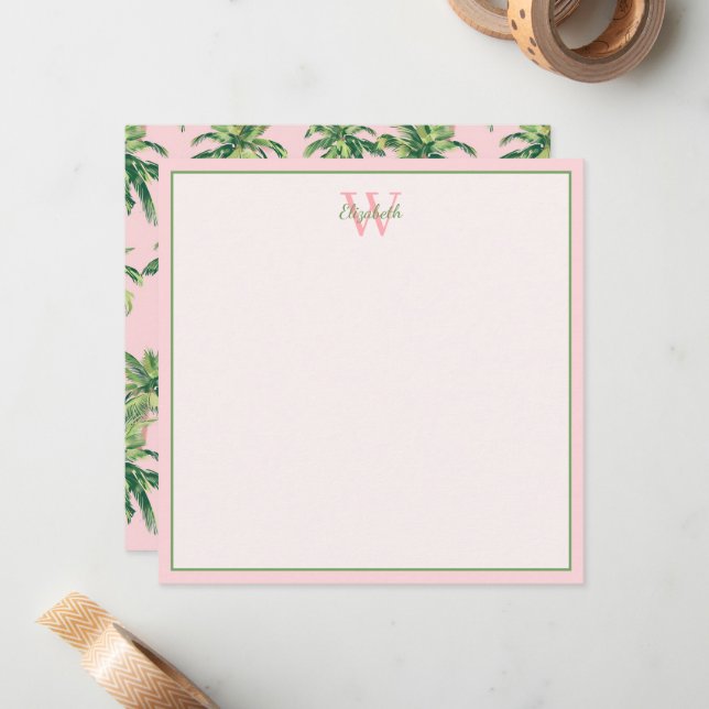 Tropical Palm Trees on Pink Monogram Card (Front/Back In Situ)