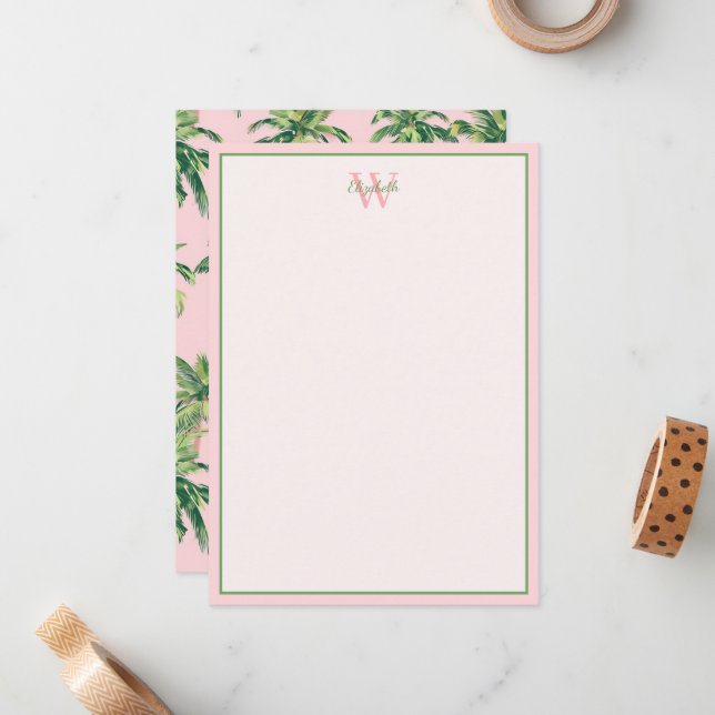 Tropical Palm Trees on Pink Monogram Card (Front/Back In Situ)