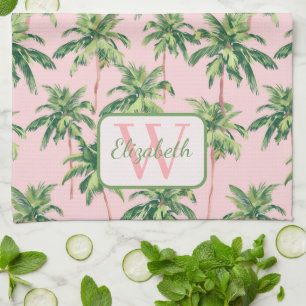 Tropical Palm Trees on Pink Personalised Tea Towel