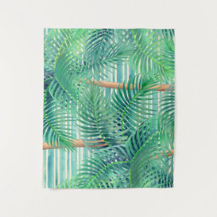 Tropical palm trees on teal stripes tapestry