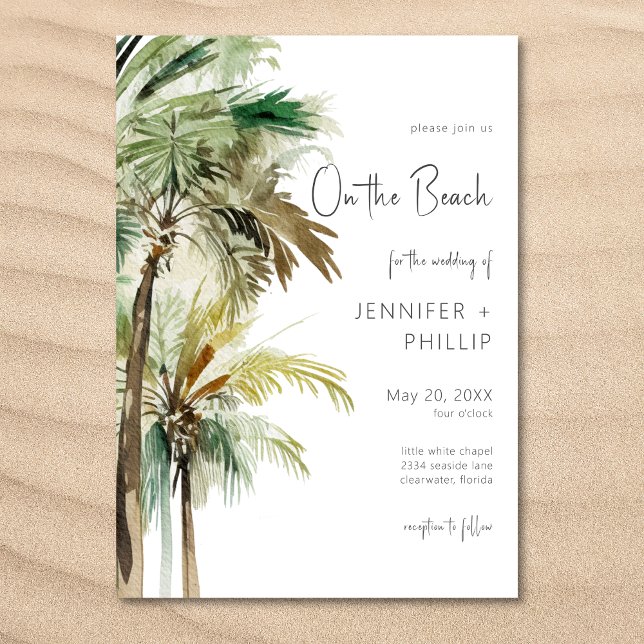 Tropical Palm Trees On the Beach Modern Wedding Invitation (Palm Trees Modern On the Beach Wedding Invitation)