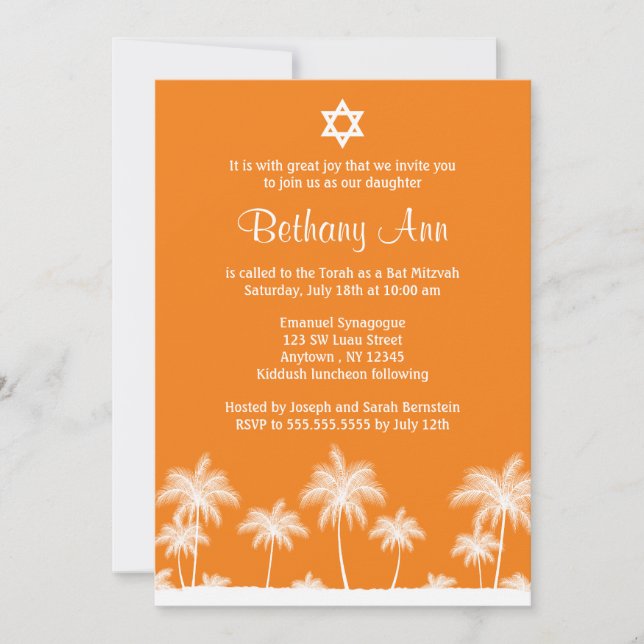 Tropical Palm Trees Orange Bat Mitzvah Invitations (Front)