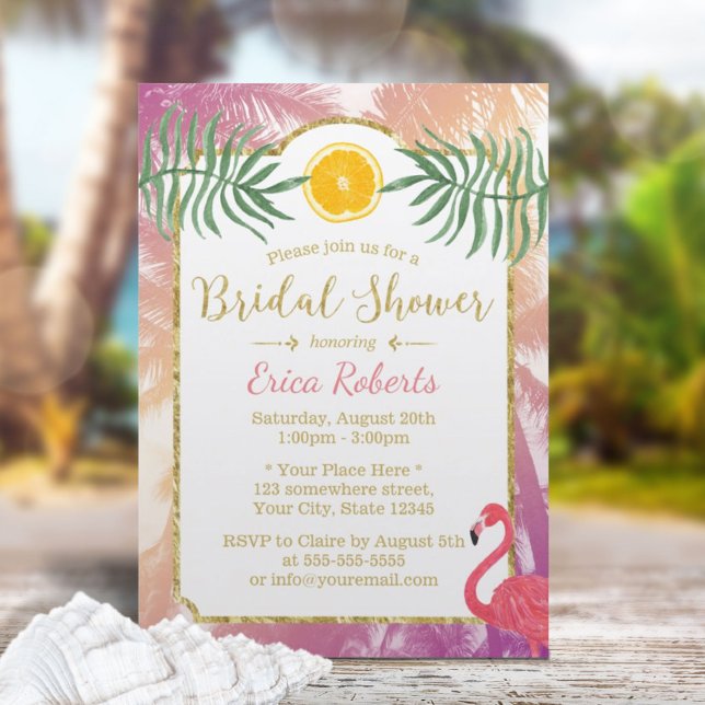 Tropical Palm Trees & Orange Fruit Bridal Shower Invitation (Creator Uploaded)