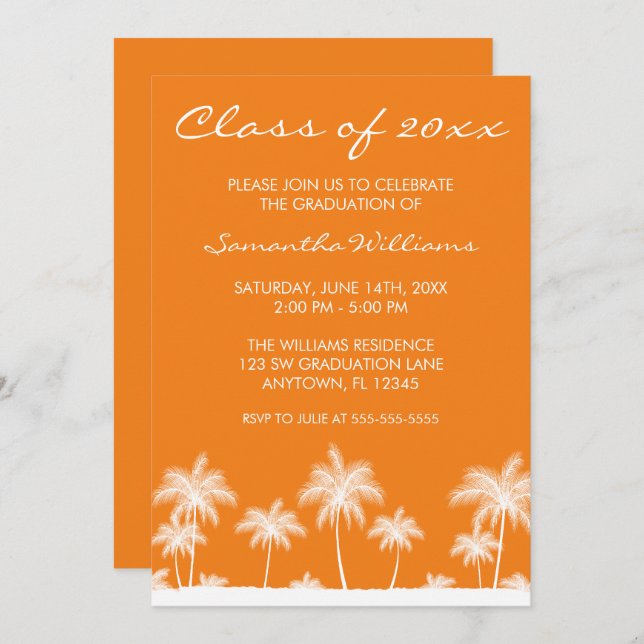 Tropical Palm Trees Orange Graduation Announcement (Front/Back)