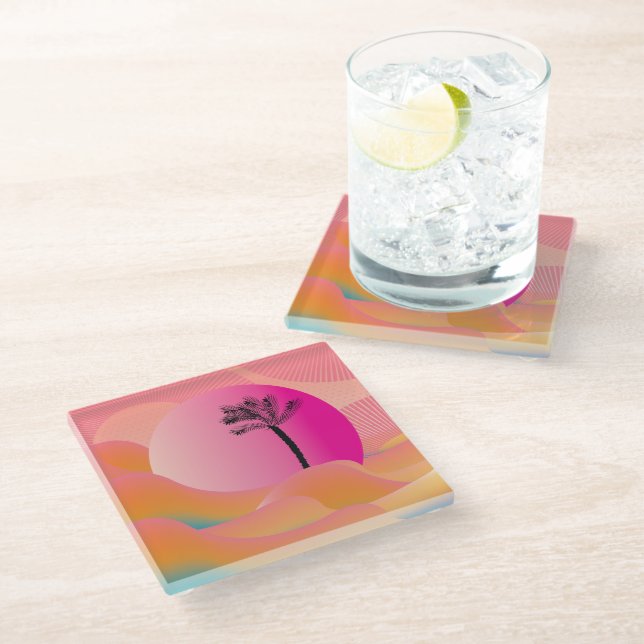 Tropical Palm Trees Orange Pink Design Glass Coaster (Angled)