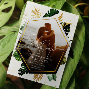 Tropical Palm Trees Photo Gilded Save The Date Invitation