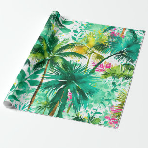 Tropical Palm Trees Pink Green Blue Coastal Wrapping Paper