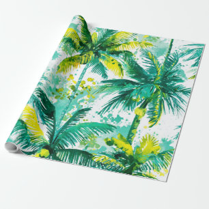 Tropical Palm Trees Pink Green Blue Coastal Wrapping Paper