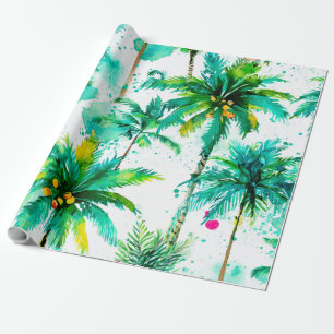 Tropical Palm Trees Pink Green Blue Coastal Wrapping Paper
