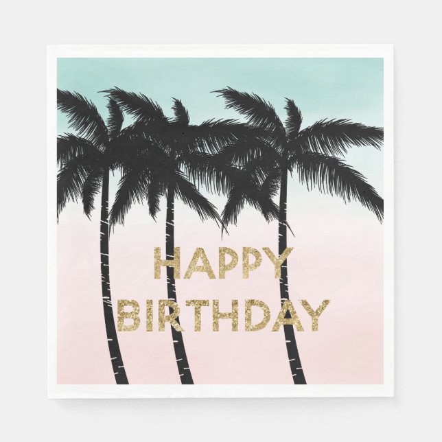 Tropical Palm Trees Pink Mint Birthday Napkin (Front)