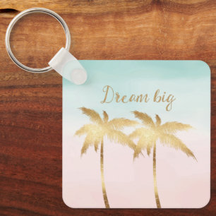 Tropical Palm Trees Pink Mint Ombre gold dream big Key Ring
