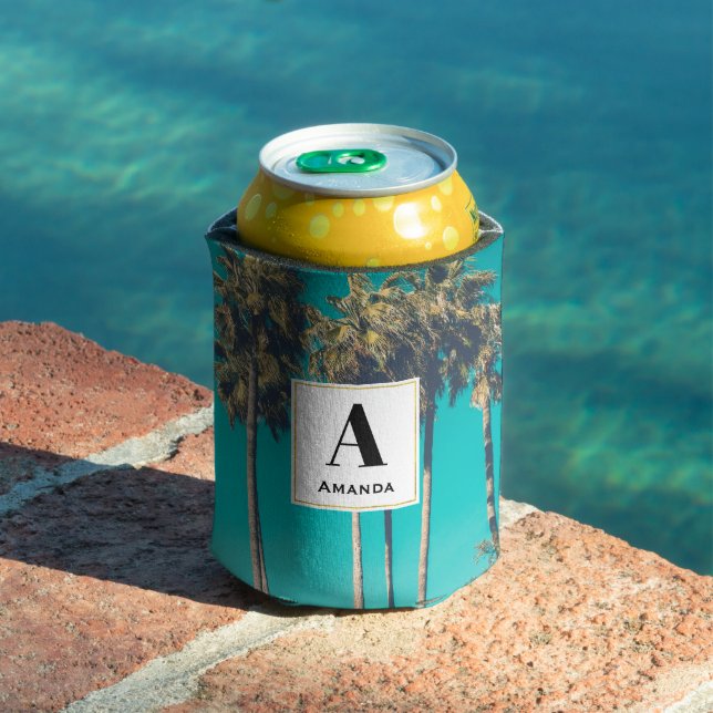 Tropical Palm Trees Retro Vibe Monogram Can Cooler (In Situ Pool)