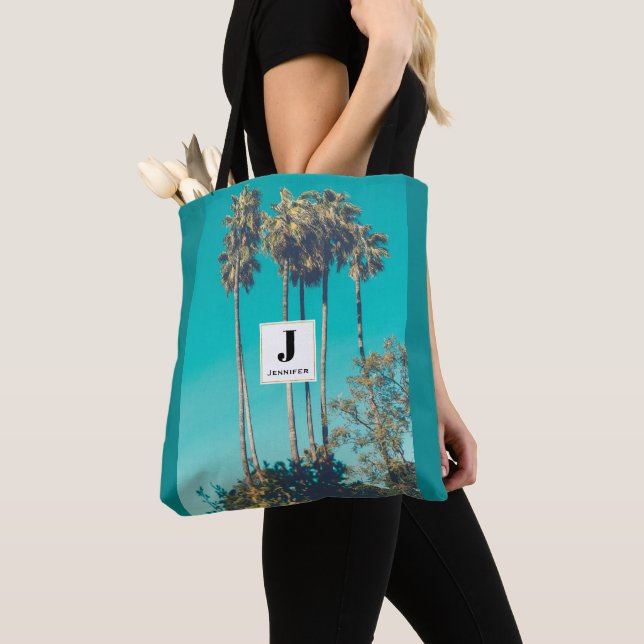 Tropical Palm Trees Retro Vibe Monogram Tote Bag (Close Up)