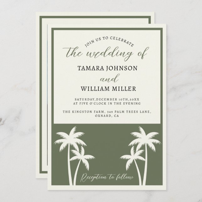 Tropical Palm Trees Sage Green Wedding Photo   Invitation (Front/Back)