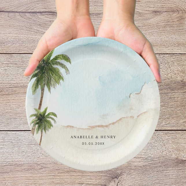 Tropical Palm Trees Sand Beach Destination Wedding Paper Plate (Creator Uploaded)