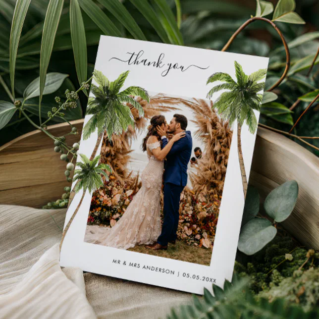 Tropical Palm Trees Sand Beach Destination Wedding Thank You Card | Zazzle