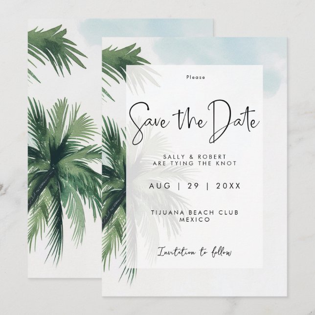 tropical palm trees save the date card (Front/Back)