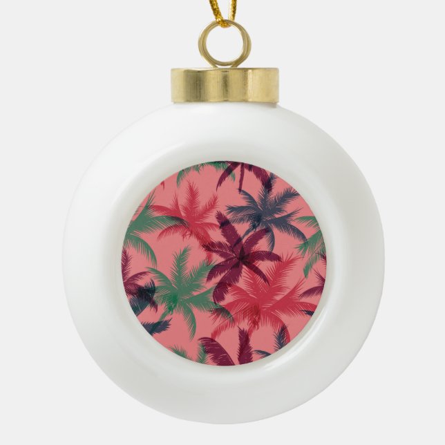 Tropical Palm Trees: Seamless Pattern Ceramic Ball Christmas Ornament (Front)
