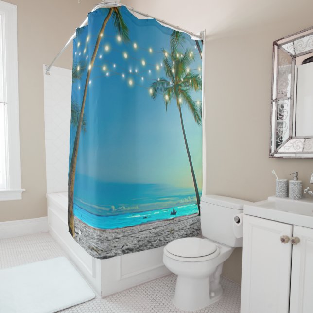 Tropical Palm Trees String Lights Beach Shower Curtain (In Situ)