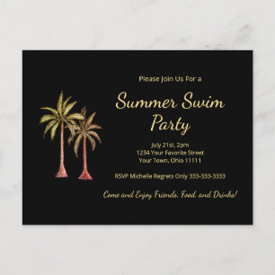 Tropical Palm Trees Summer Pool Party Gold Black Invitation Postcard