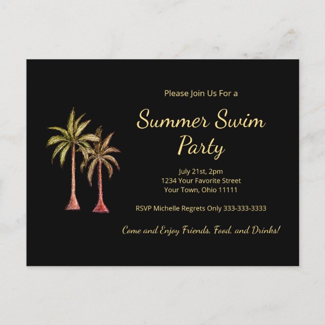 Tropical Palm Trees Summer Pool Party Gold Black Invitation Postcard (Front)