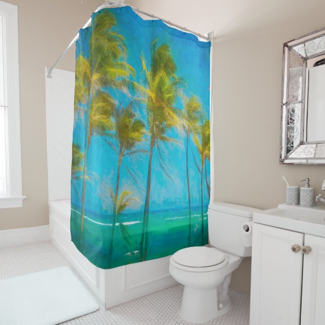 Tropical Palm Trees Swaying Hawaii Ocean Shower Curtain (In Situ)