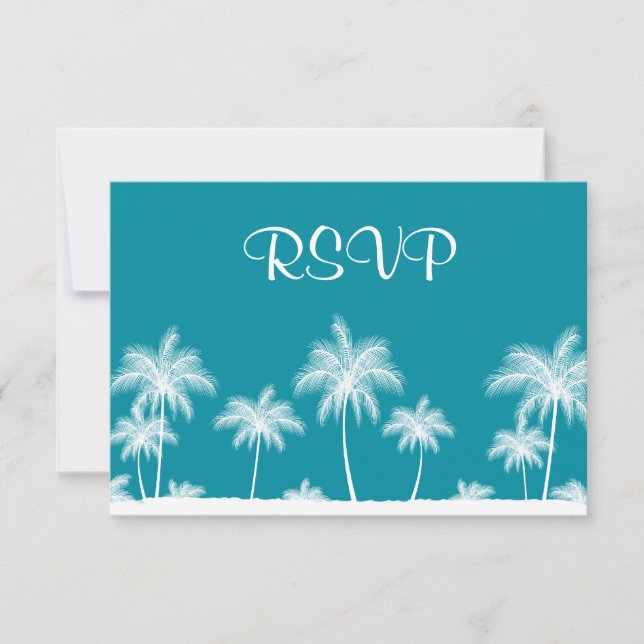 Tropical Palm Trees Teal Bat Mitzvah RSVP Card (Front)