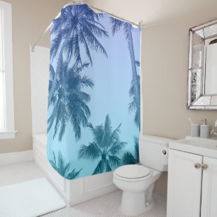 Tropical Palm Trees Teal Gradient Trendy Shower Curtain