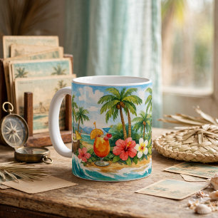 Tropical palm trees, tiki huts, beach cocktail coffee mug