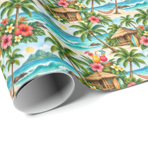 Tropical palm trees, tiki huts, beach cocktail wrapping paper