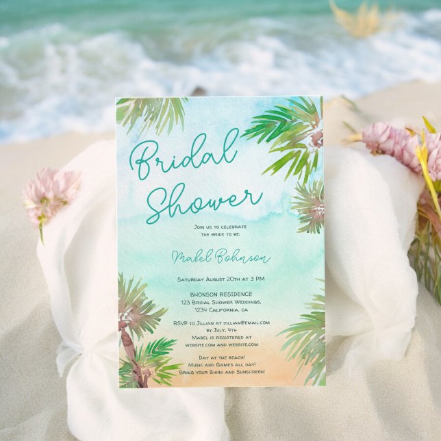 Tropical palm trees watercolor beach bridal shower invitation (Tropical palm trees watercolor beach bridal shower invitation)