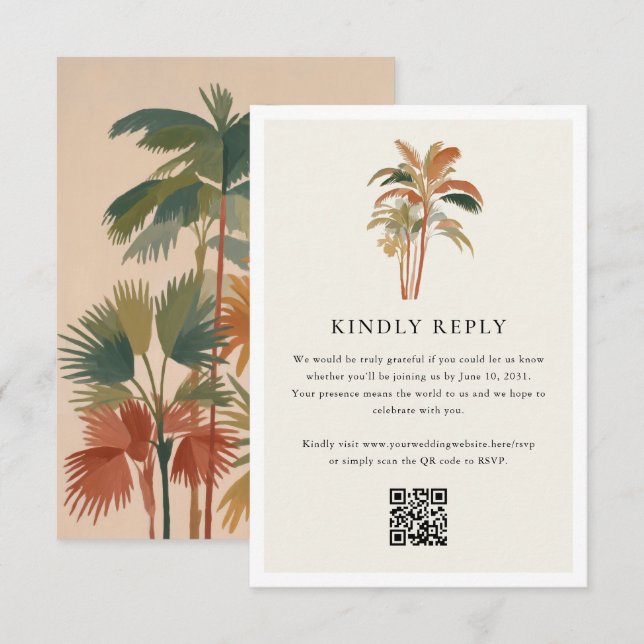Tropical Palm Trees Watercolor Pastel Boho Wedding RSVP Card (Front/Back)