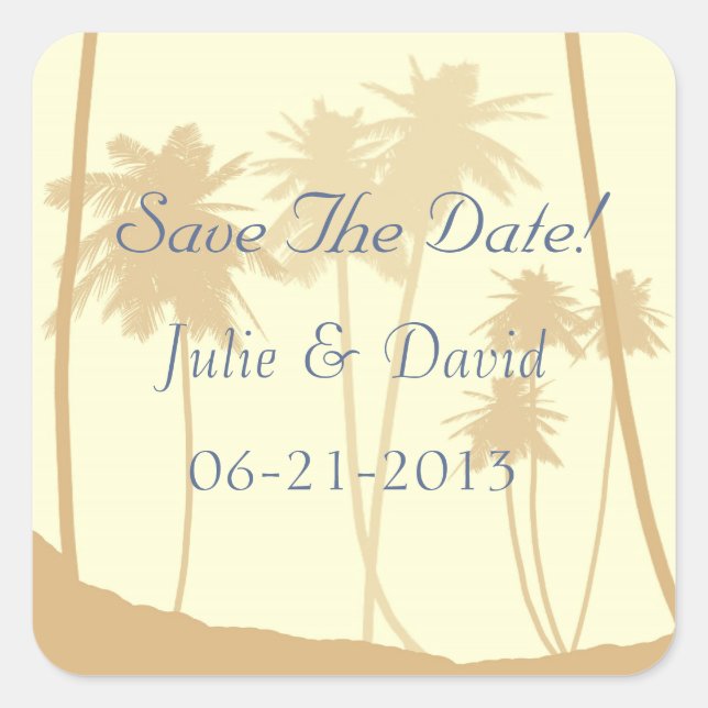Tropical Palm Trees Wedding Save The Date Square Sticker (Front)