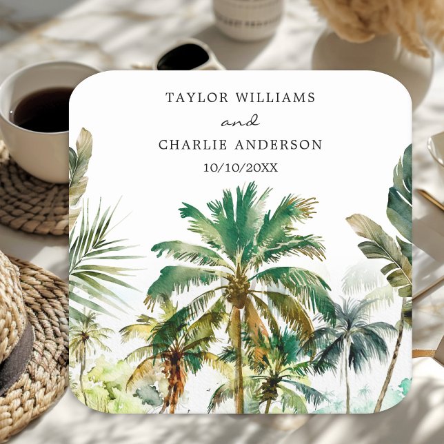 Tropical Palm Trees Wedding Square Paper Coaster (Creator Uploaded)